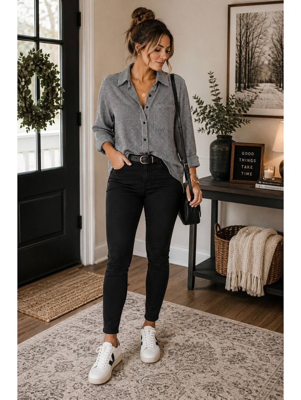 Womens black and white houndstooth button-up shirt